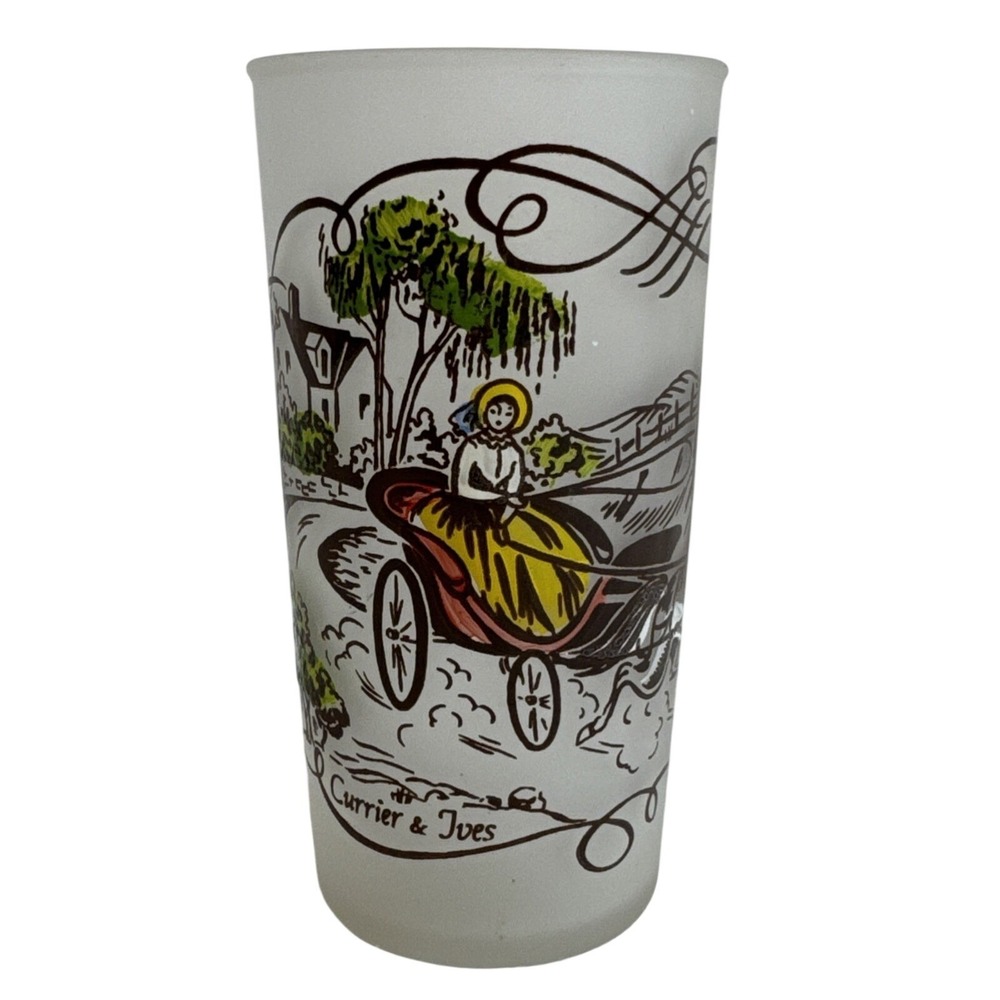 Vintage Currier‎ and Ives Frosted Glass Tumbler Horse and Carriage Scene